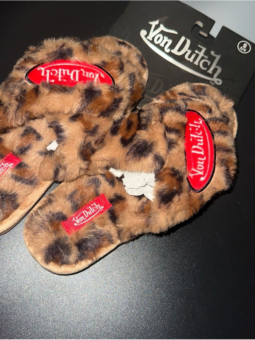 Von Dutch Leopard Faux-Fur Slide Slippers with Red Logo